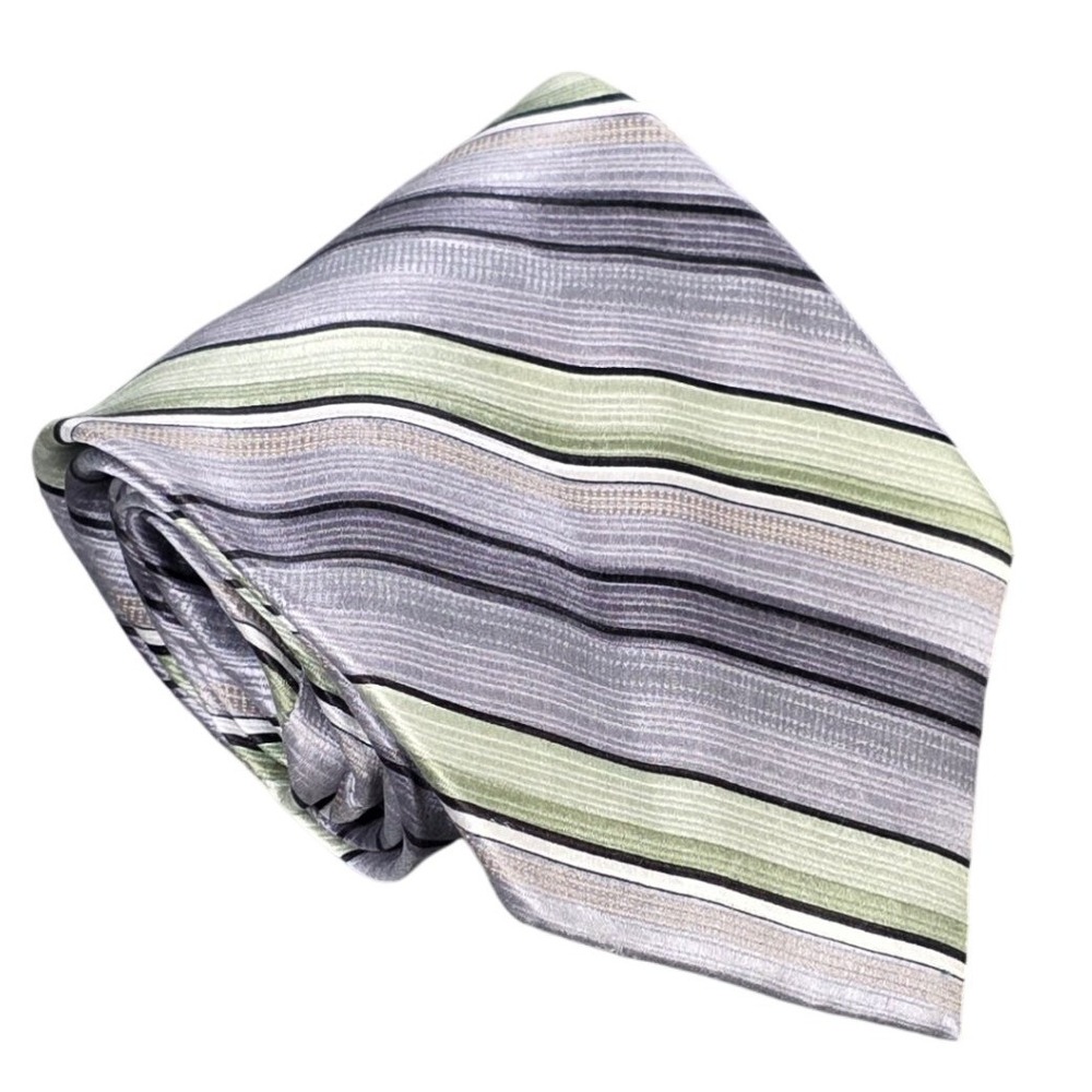 Kilburne and Finch 100% Silk Necktie Men's Grey Green Striped Classic Formal Tie